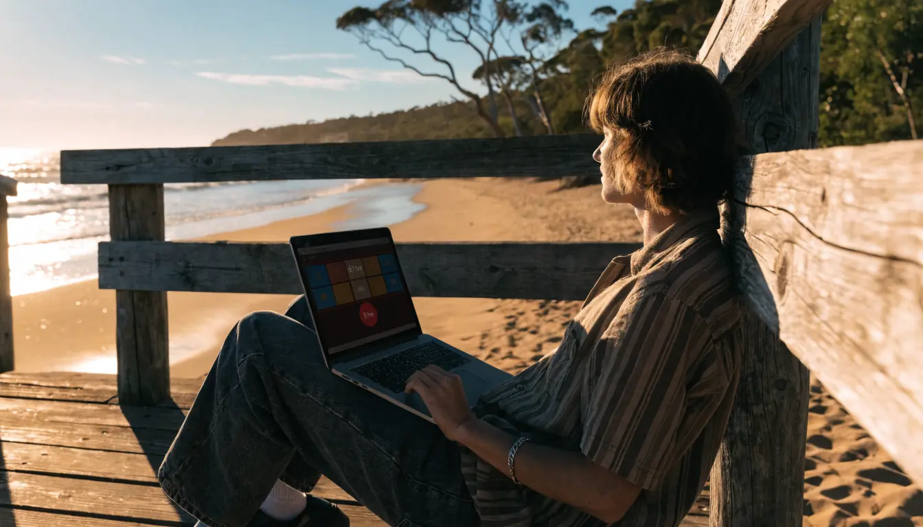 Person on Australian beach with laptop showing $1 casino bet