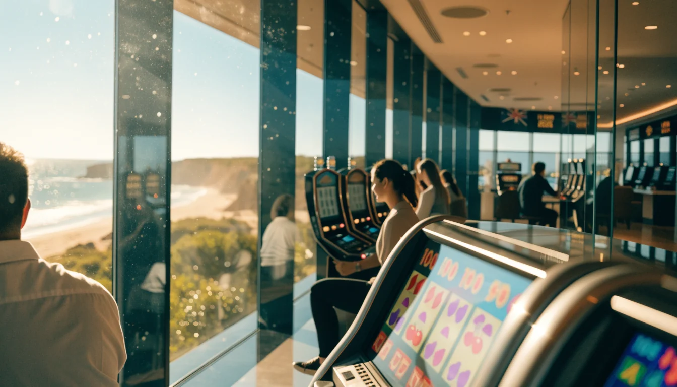 Australian casino interior with slot machine and beach view