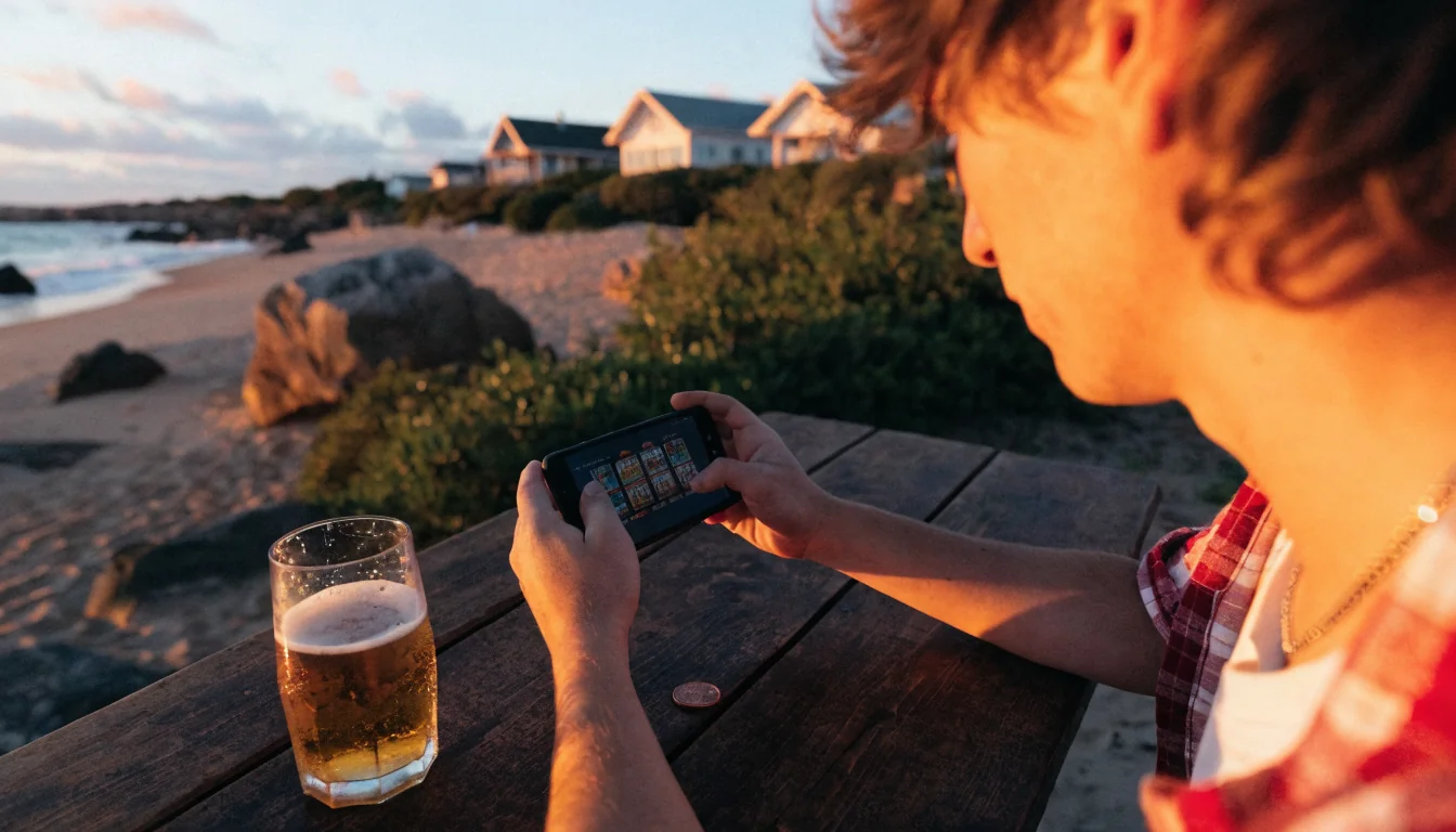 Australian beach sunset with person using phone showing casino game and a $2 coin.
