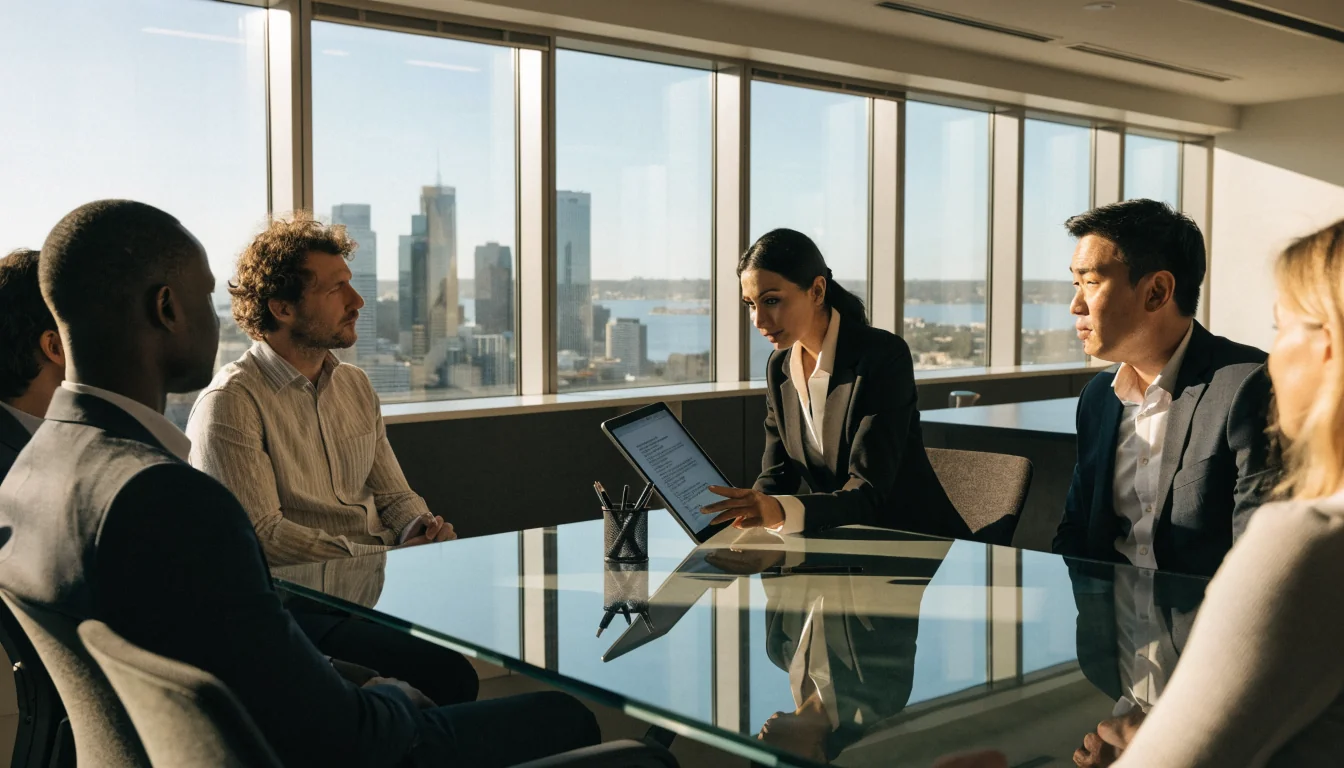 Australian office team discussing contract terms near window.