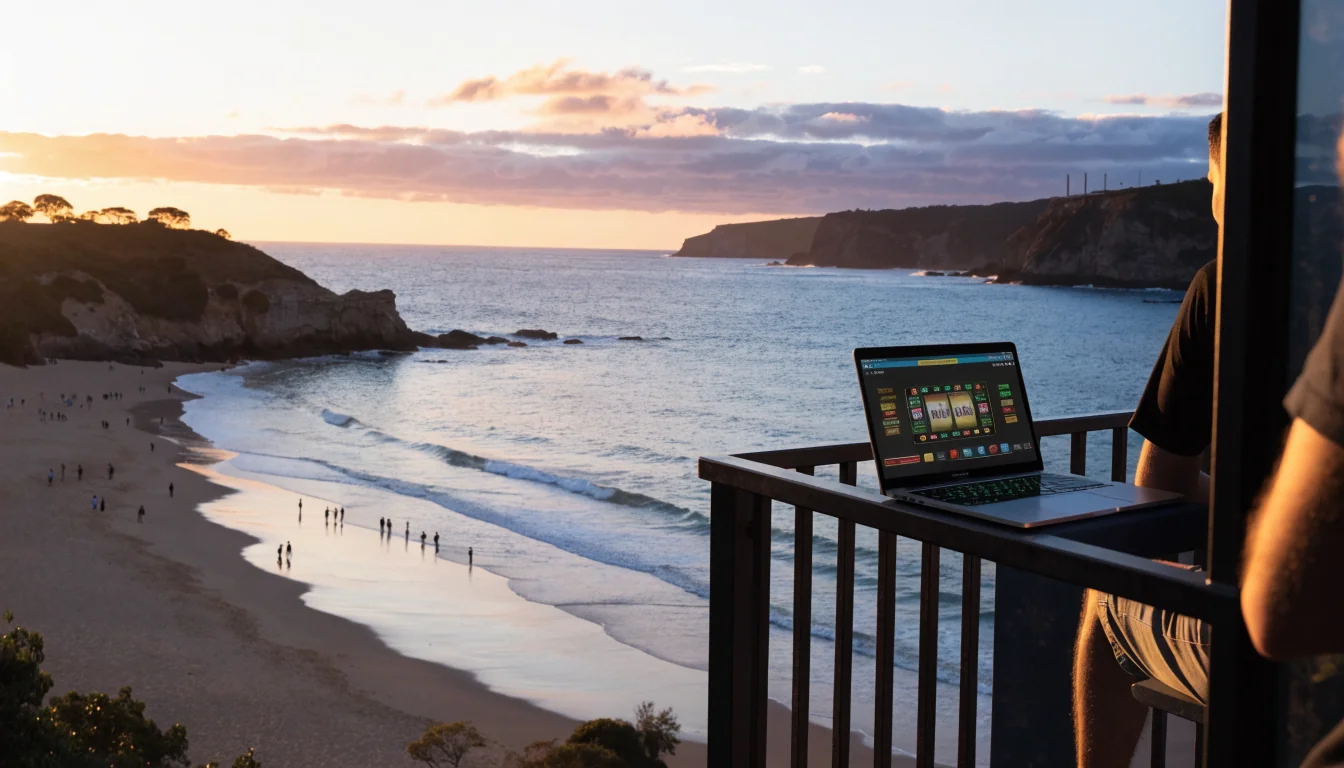 Laptop with casino game on beach sunset balcony