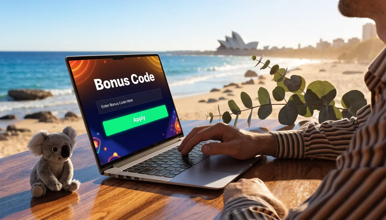 Australian casino laptop with bonus code, koala plush, beach background