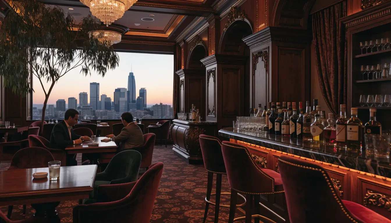 Elegant Australian casino VIP lounge with plush seating and sunset skyline
