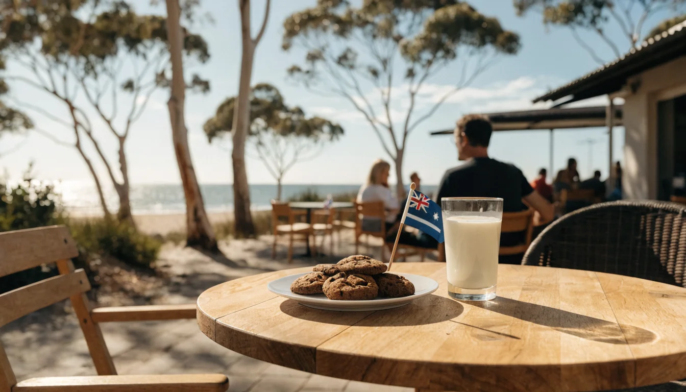 Australian beach café table with chocolate chip cookies and milk