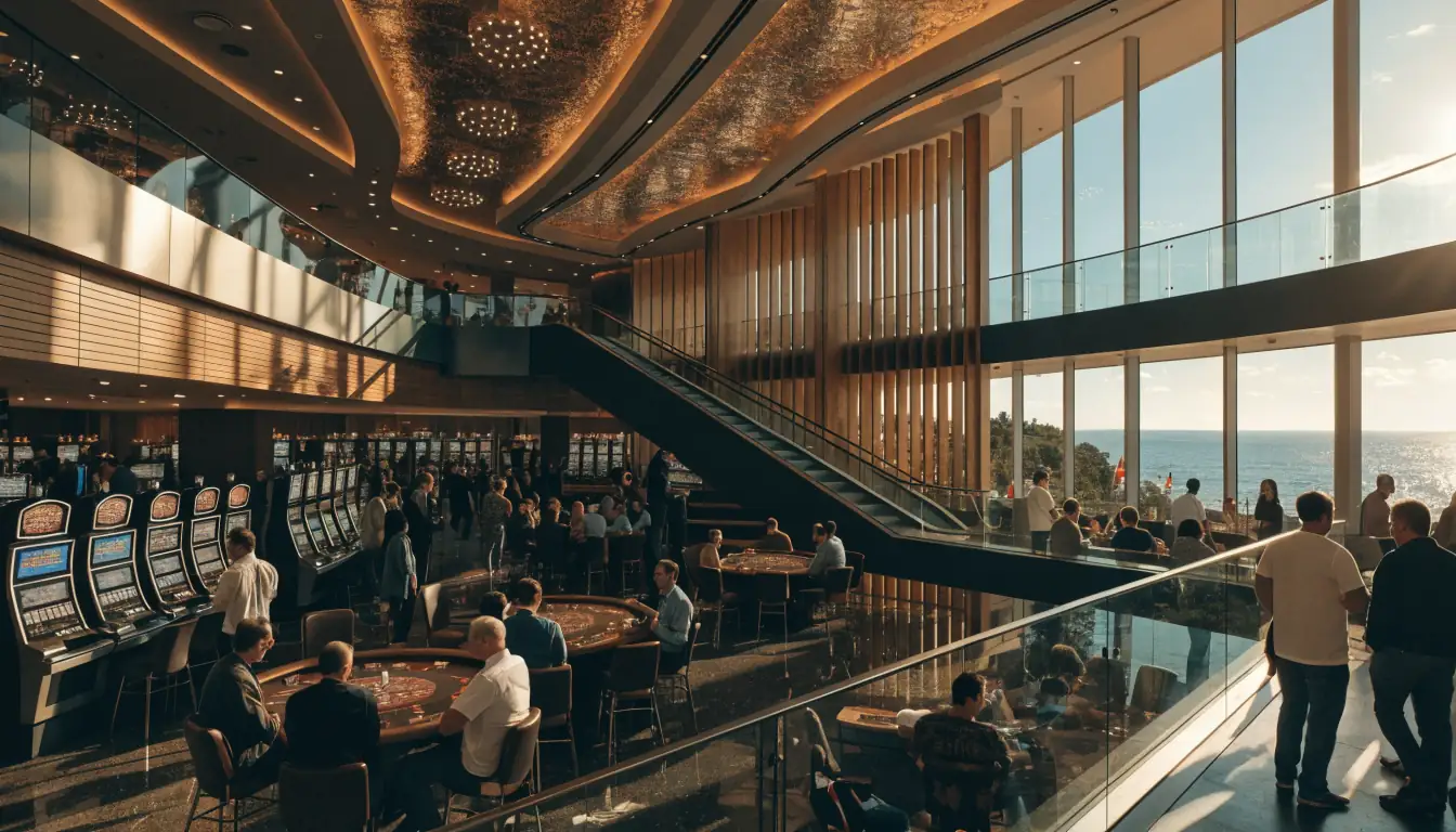Australian casino interior with Curacao flag accents and sea view
