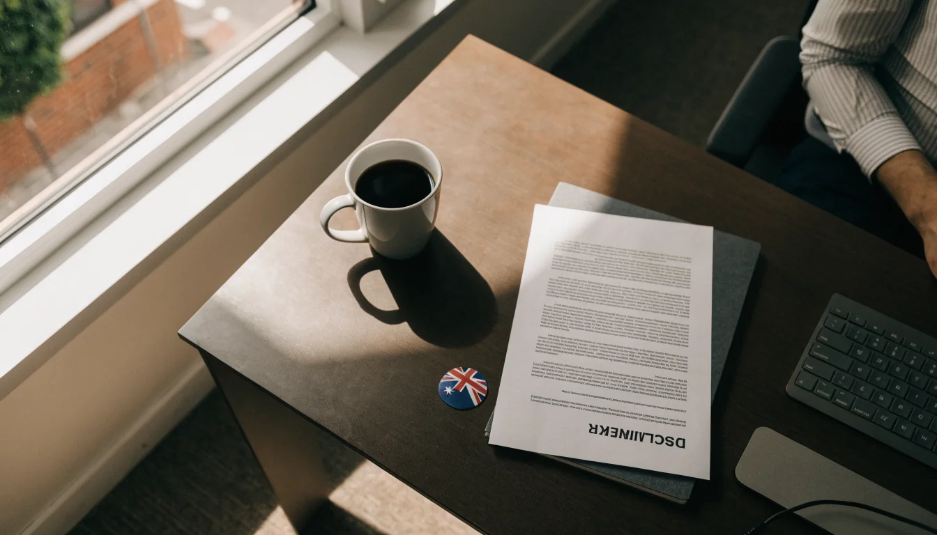 Australian office desk with disclaimer paper and coffee mug