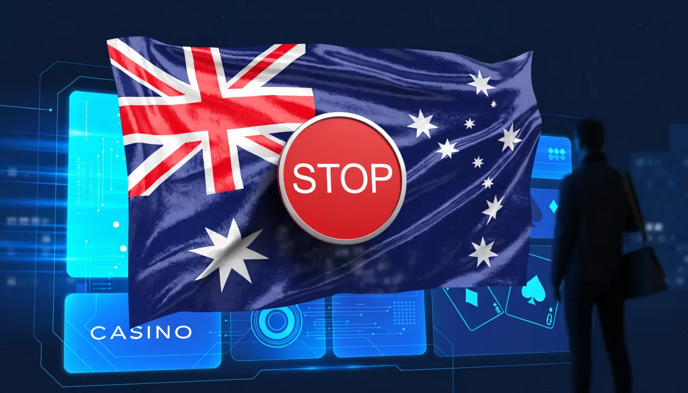 Australian flag over digital casino with stop sign