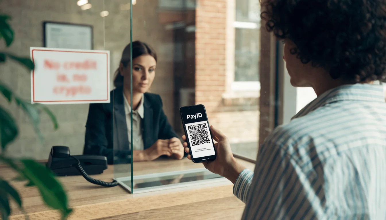 Australian bank teller with PayID QR code on phone