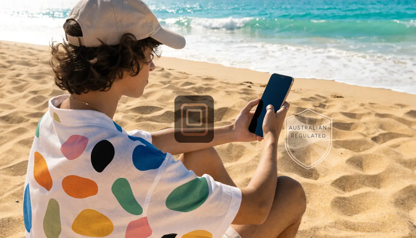 Australian on beach using casino app on smartphone