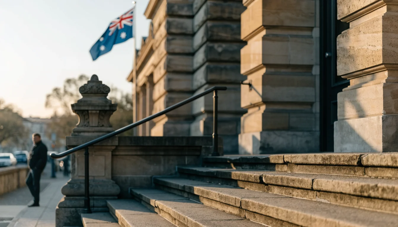 Australian courthouse front at sunrise with flag