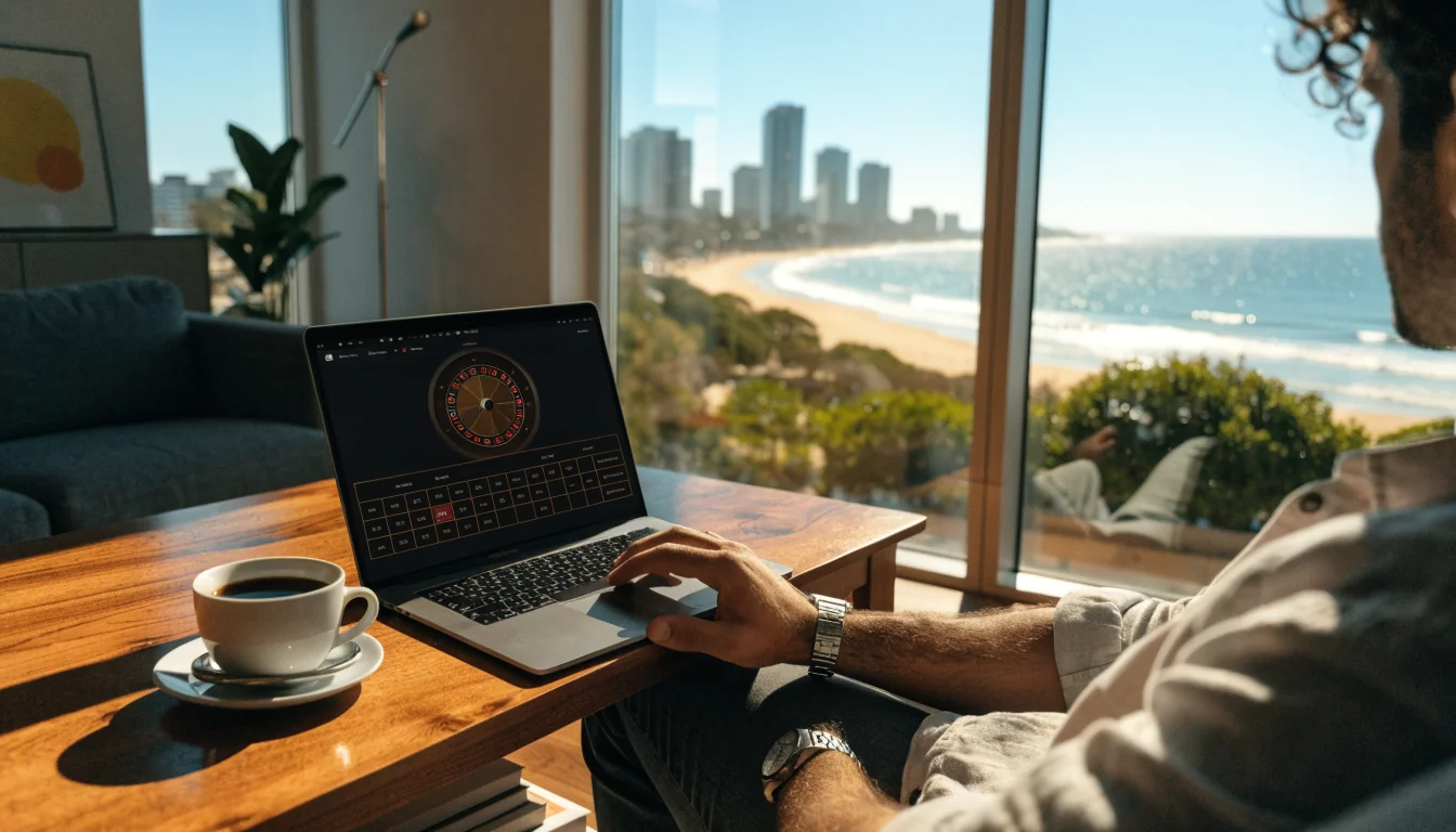 Australian living room with laptop showing casino game