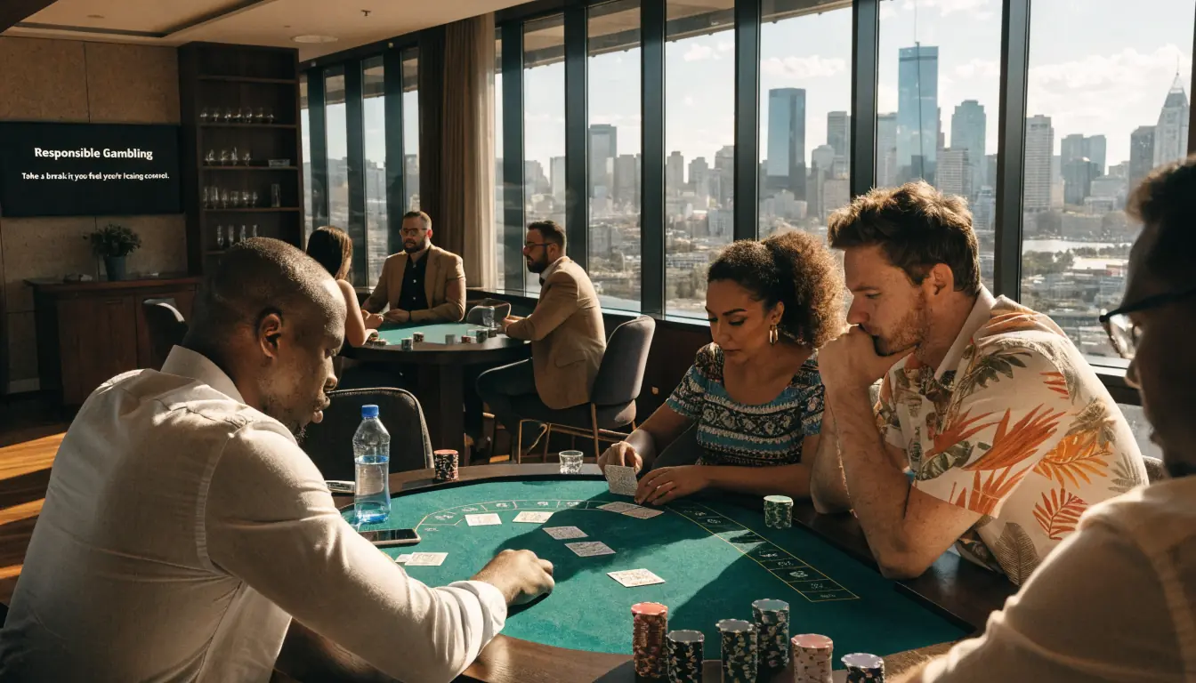 People in an Australian casino lounge with a responsible gambling message board