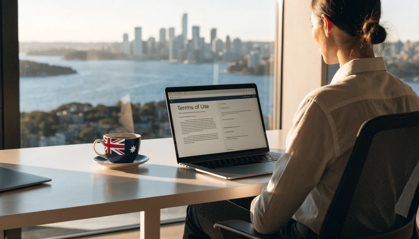 Australian office with laptop displaying Terms of Use page